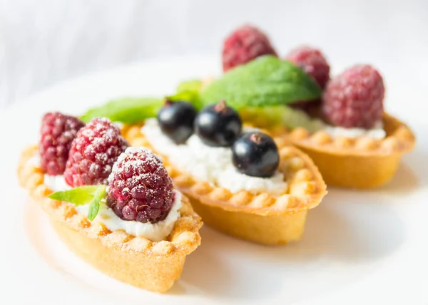 Delicious Tartlets Fresh Berries Whipped Cream — Stock Photo, Image
