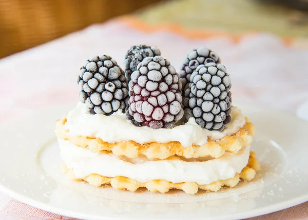 Golden Waffles Blackberries Cream Cheese — Stock Photo, Image