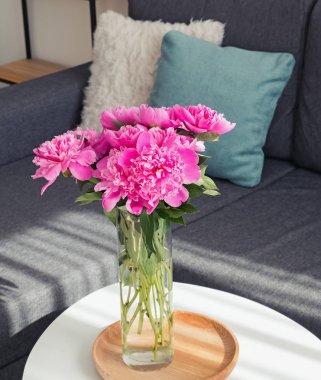 Oturma bir cam vazoda pembe peonies.