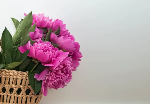 Розовые пионы в соломенной корзине возле белой стены — стоковое фото