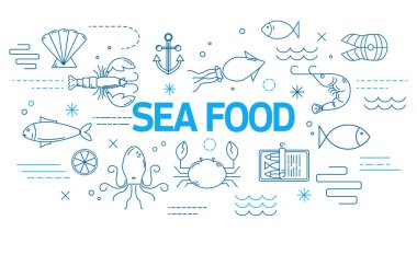 Deniz gıda afiş modern tarzı ile ince çizgi kutsal kişilerin resmi.