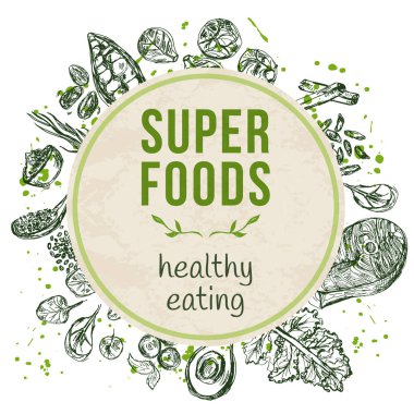 Elle çizilmiş superfoods ile şablonu.