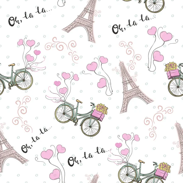 Paris theme seamless pattern with bicycle and Eiffel tower — Stock Vector