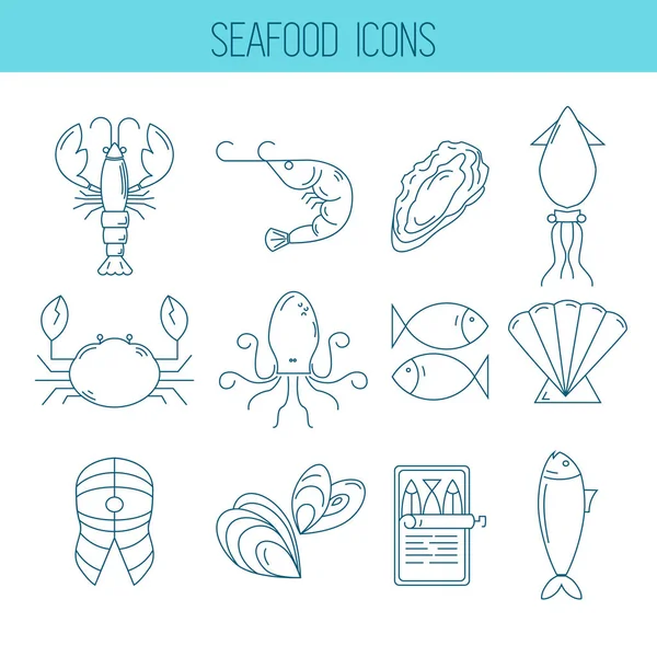 Набір Значків Морської Їжі Стилі Тонкої Лінії — стоковий вектор