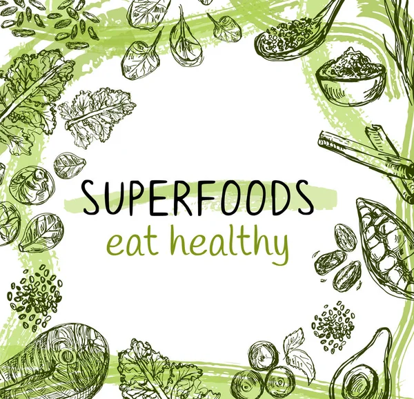 Template with hand drawn superfoods. — Stock Vector