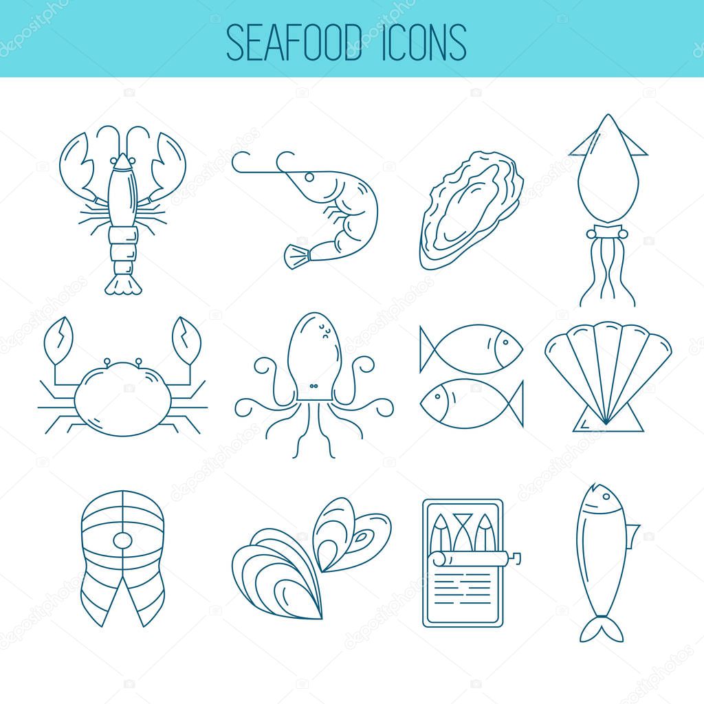 Set of sea food icons in thin line style