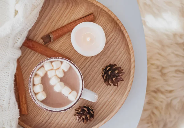 Cacao Avec Guimauves Sur Table Basse Vue Sur Dessus — Photo