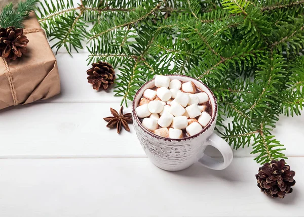 Chocolat chaud avec guimauves et branches de sapin sur la table blanche — Photo