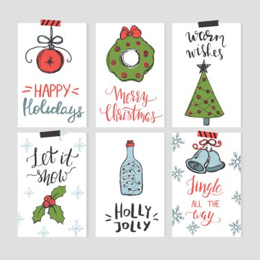 Elle çizilmiş elemanları ile Noel kartları şablonları