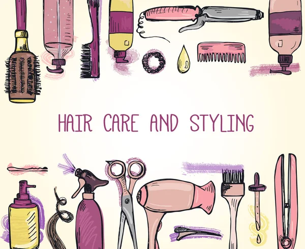 Vorlage mit handgezeichneten Haarstyling und Pflegeprodukten — Stockvektor