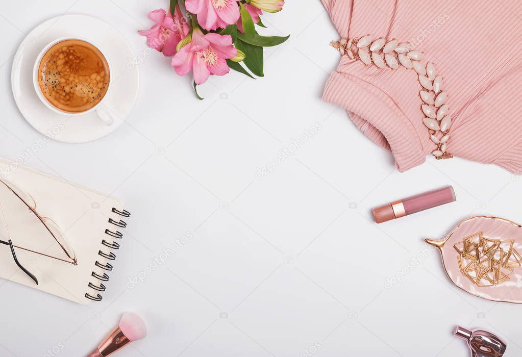 Coffee, flowers, accessories. Pale pink or blush color items