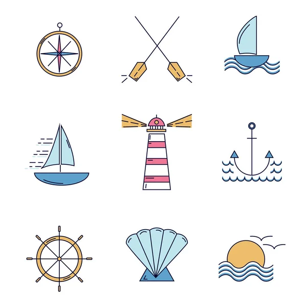 Ocean travel thin line icons in color — Stock Vector