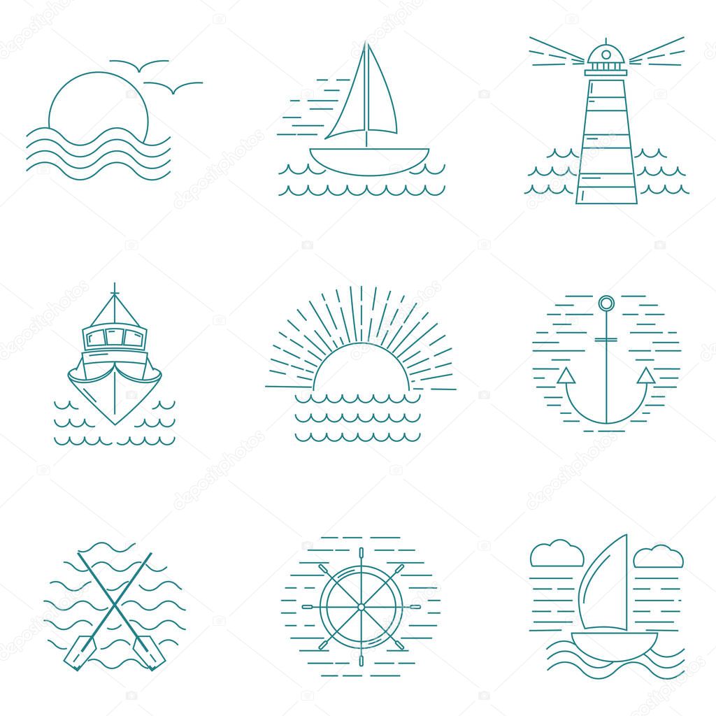 Set of graphic nautical logos or emblems in moden thin line style