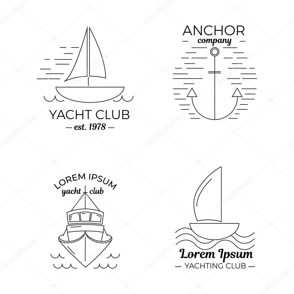 Set of four thin line style logos. Yacht club or sailing company template