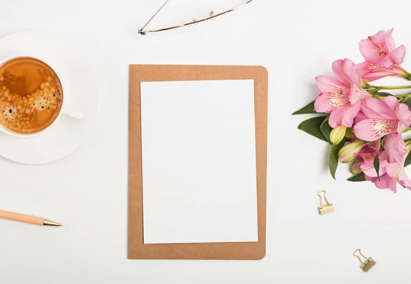 Creative composition with coffee and flowers, top view. — Stock Photo, Image