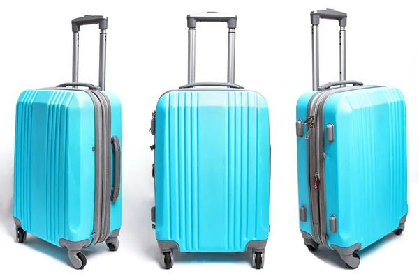 Modré plastové zavazadlo kabelku ve třech úhlů — Stock fotografie
