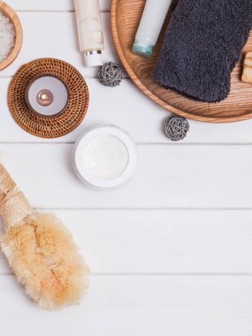 Spa, Masaj ve vücut bakım ürünleri ve ürünleri, üstten görünüm.