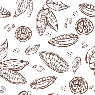Seamless pattern with cocoa pods, beans and leaves. clipart