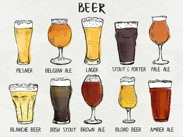Det disegnato a mano di diversi tipi di bicchieri per birra — Vettoriale Stock