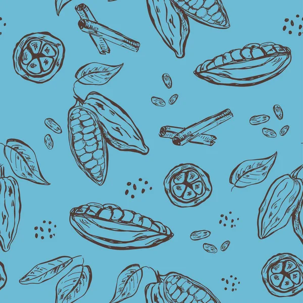 Pattern with hand drawn elements. Cocoa pods, beans and leaves on blue background — Stock Vector