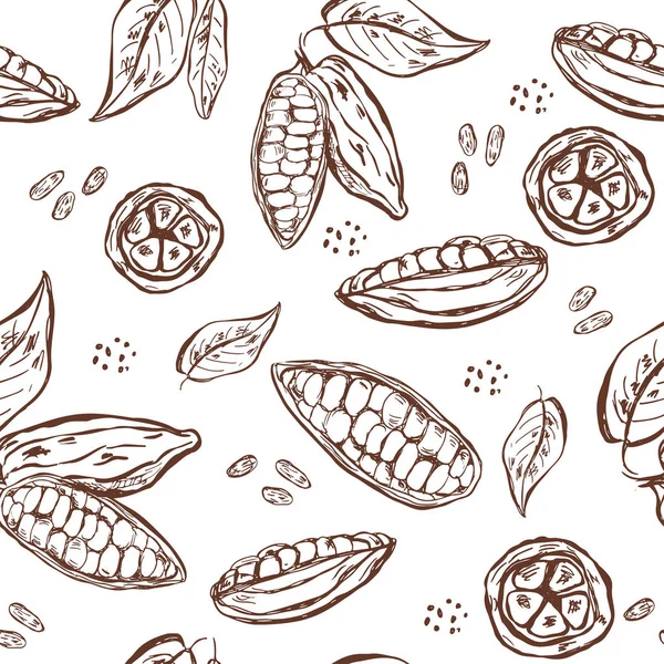 Seamless pattern with cocoa pods, beans and leaves. — Stock Vector