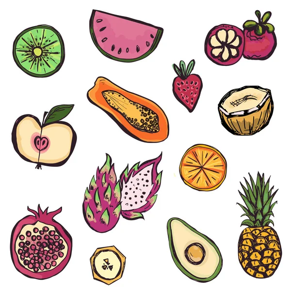 Conjunto desenhado à mão de diferentes tipos de frutas —  Vetores de Stock