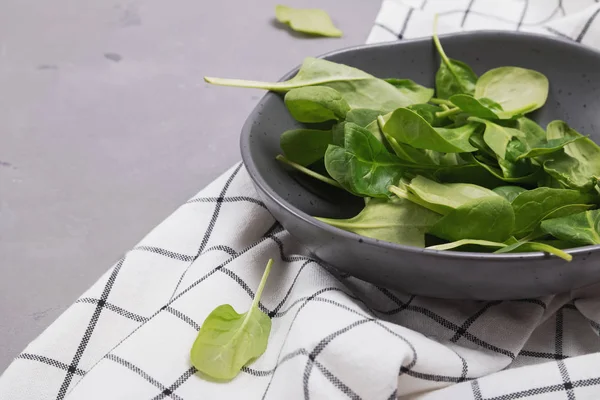 Baby spinach leaves in a rustic bowl on the gray stone background — Stock Photo, Image