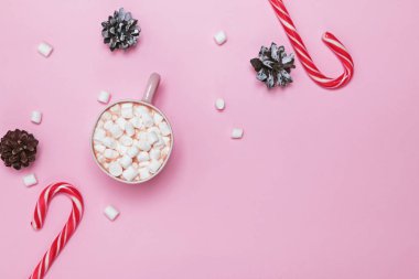 Noel düz kakao ve marshmallow, şeker kamışı ve çam kozalağı ile yatıyordu