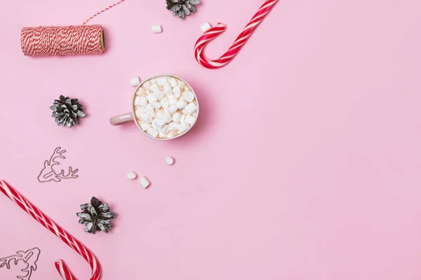 Appartement de Noël avec cacao et guimauves, cannes à bonbons et cônes de pin — Photo