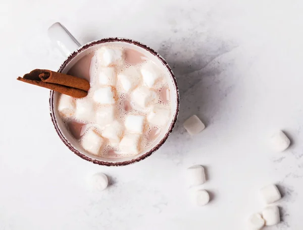 Varm choklad eller kakao med marshamllows och kanelstång — Stockfoto