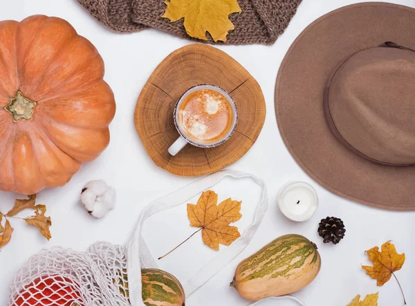 Kreative Herbstkomposition mit Kürbissen gelben Blättern — Stockfoto