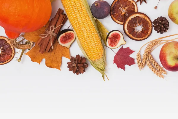 Şükran düz sonbahar hasat, baharat ve sarı yaprakları ile yatıyordu