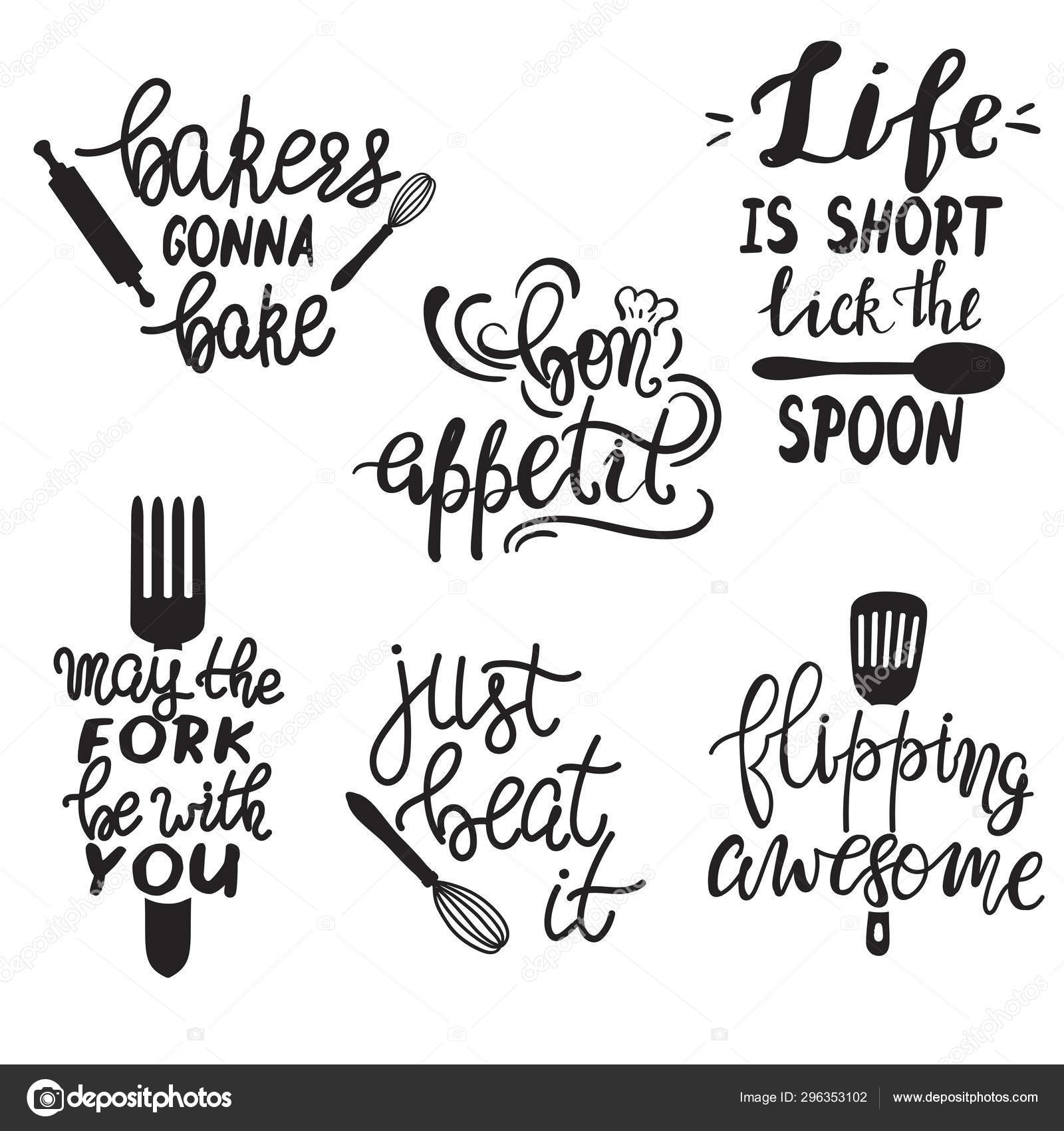 Set of hand drawn funny sayings for kitchen or restaurant poster Stock  Vector by ©chiociolla 296353102