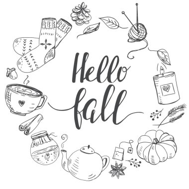 Mum, çaydanlık, çorap ve diğer gibi elle çizilmiş rahat unsurları ile Sonbahar şablonu