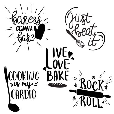 Mutfak veya restoran afişi için el çizilmiş komik atasözleri seti