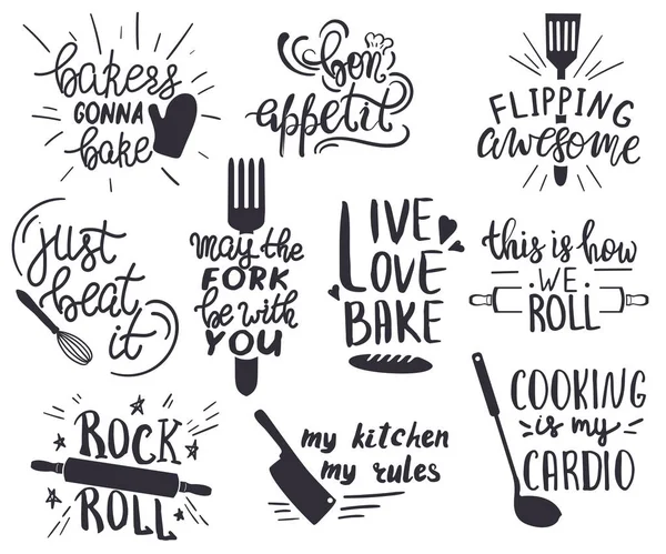 Set of hand drawn funny sayings for kitchen or restaurant poster — Stock Vector