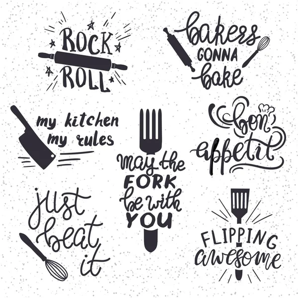 Σετ των χεριών που έχουν σχεδιαστεί αστεία λόγια για την κουζίνα ή εστιατόριο αφίσα — Διανυσματικό Αρχείο