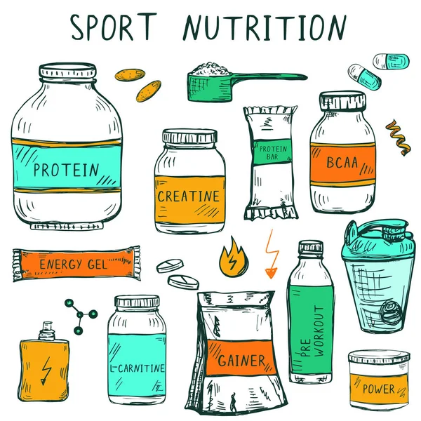 Conjunto de artículos de nutrición deportiva dibujados a mano : — Archivo Imágenes Vectoriales