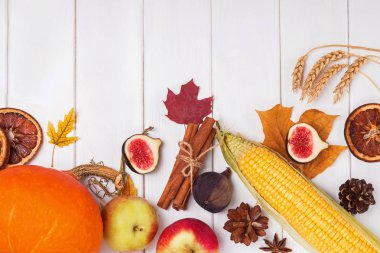 Beyaz ahşap arka plan üzerinde Sonbahar meyve ve sebze, üst görünümü