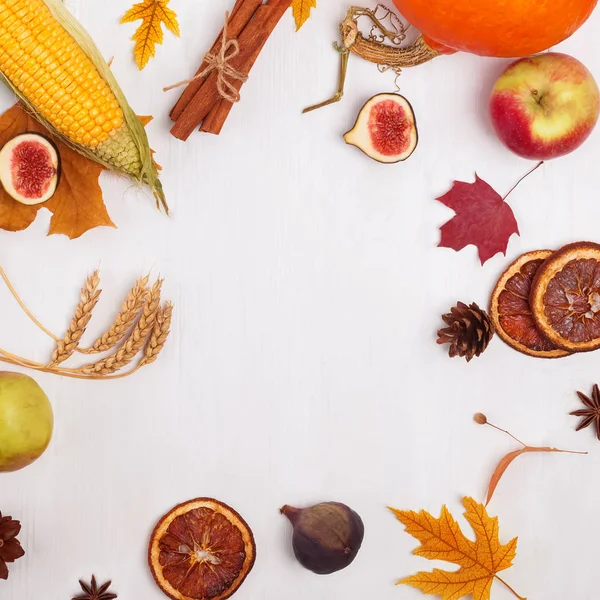 Creatief najaarsframe met fruit, groenten, bladeren en plaats voor tekst — Stockfoto