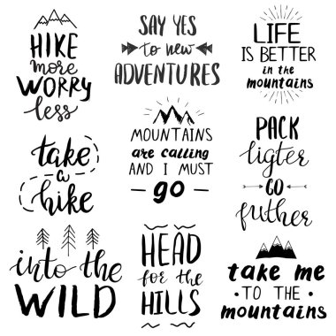 Dağlarda seyahat, kamp ve yürüyüş ile ilgili tırnak seti