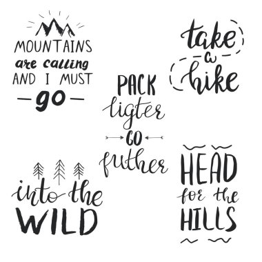 Dağlarda seyahat, kamp ve yürüyüş ile ilgili tırnak seti