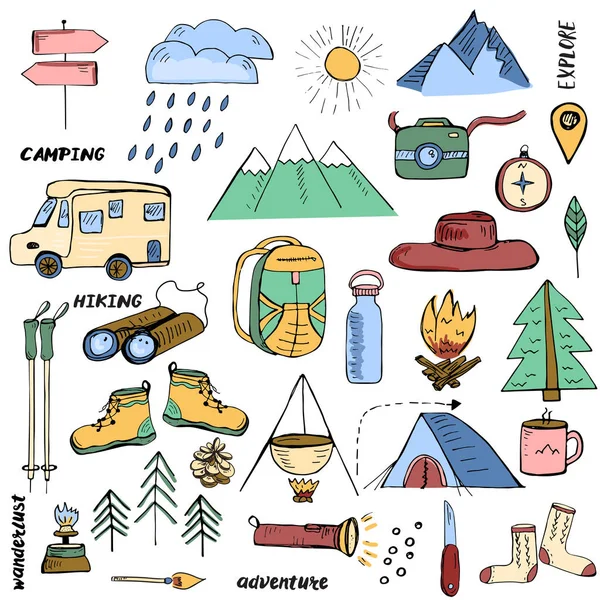 Handgezeichnete Elemente im Zusammenhang mit Wandern, Zelten und Reisen in den Bergen — Stockvektor
