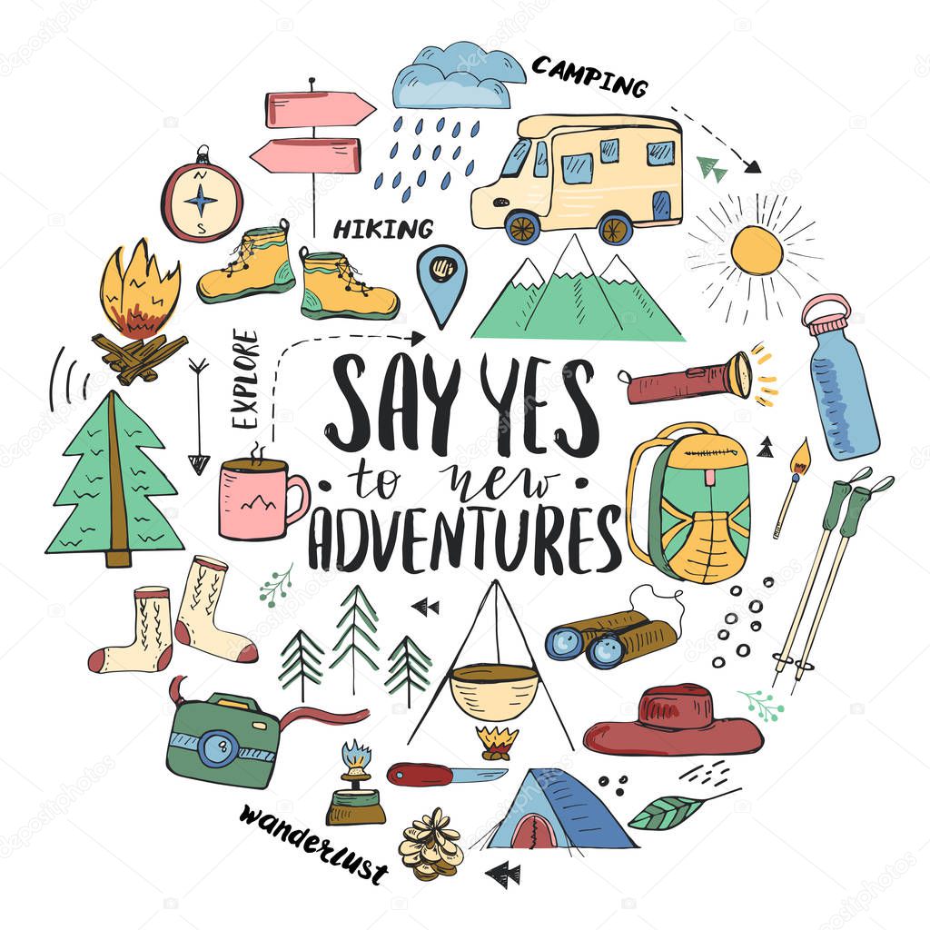 Template with hand drawn elements related to hiking, camping and travelling