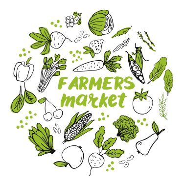 El çizimi sebzelerle daire içine alınmış şablon