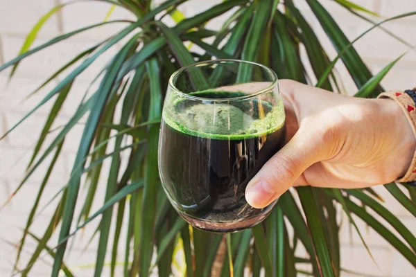 Vrouwen met spirulina of chlorella in de hand drinken in een glas. — Stockfoto