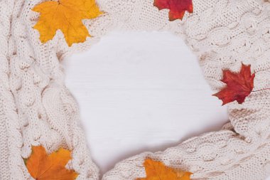 Örgü süveter, atkı ya da sade ve sarı yapraklar..