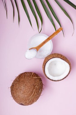 Sağlıklı hindistan cevizi yağı. Pembe arka planda hindistan cevizleri, düz konum