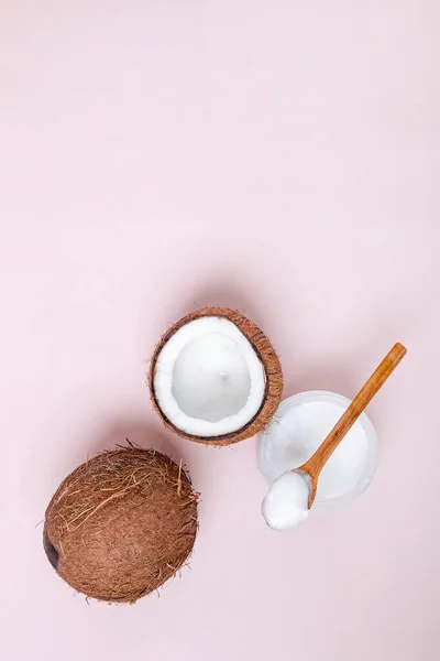 Coconuts Whole Half Pink Background Top View Healthy Organic Product — Stock Photo, Image