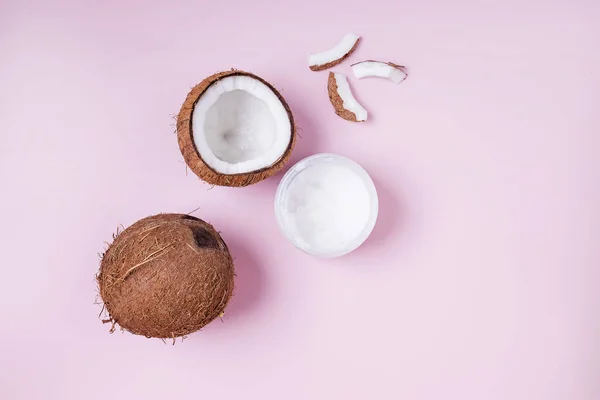 Coconuts Whole Half Pink Background Top View Healthy Organic Product — Stock Photo, Image